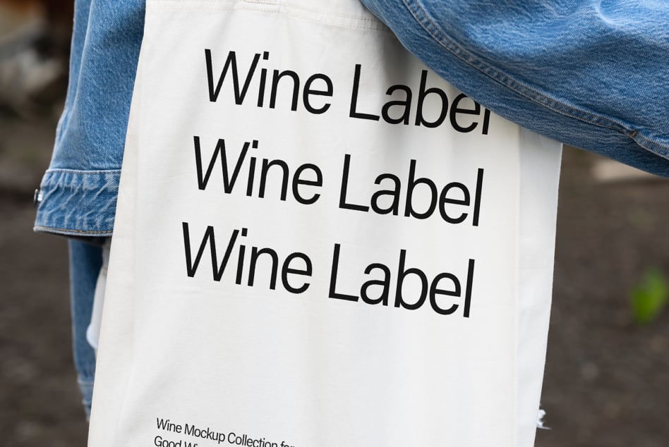 White paper mockup with repeated wine label text held up by denim sleeves