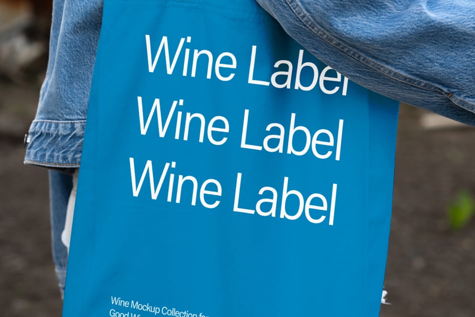 Blue tote bag with white wine label mockup held by person in denim