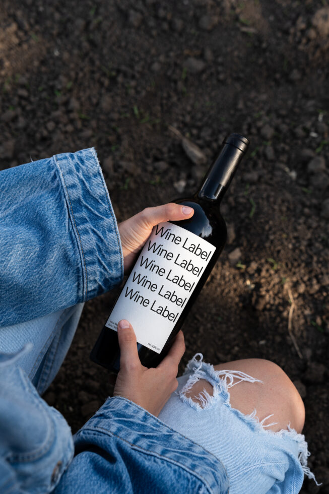 Mockup of a wine bottle with a customizable label held by a person in denim on soil background ideal for designers seeking branding assets.