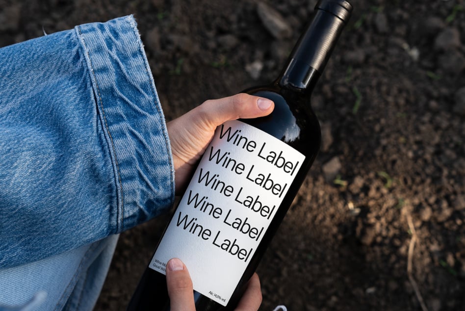 Hand holding wine bottle with white label mockup on dirt ground
