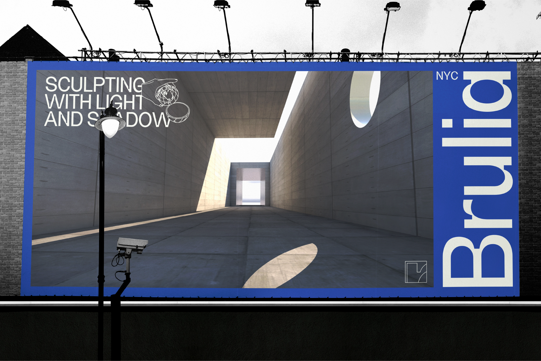 Urban billboard mockup displaying light sculpture typography in concrete space