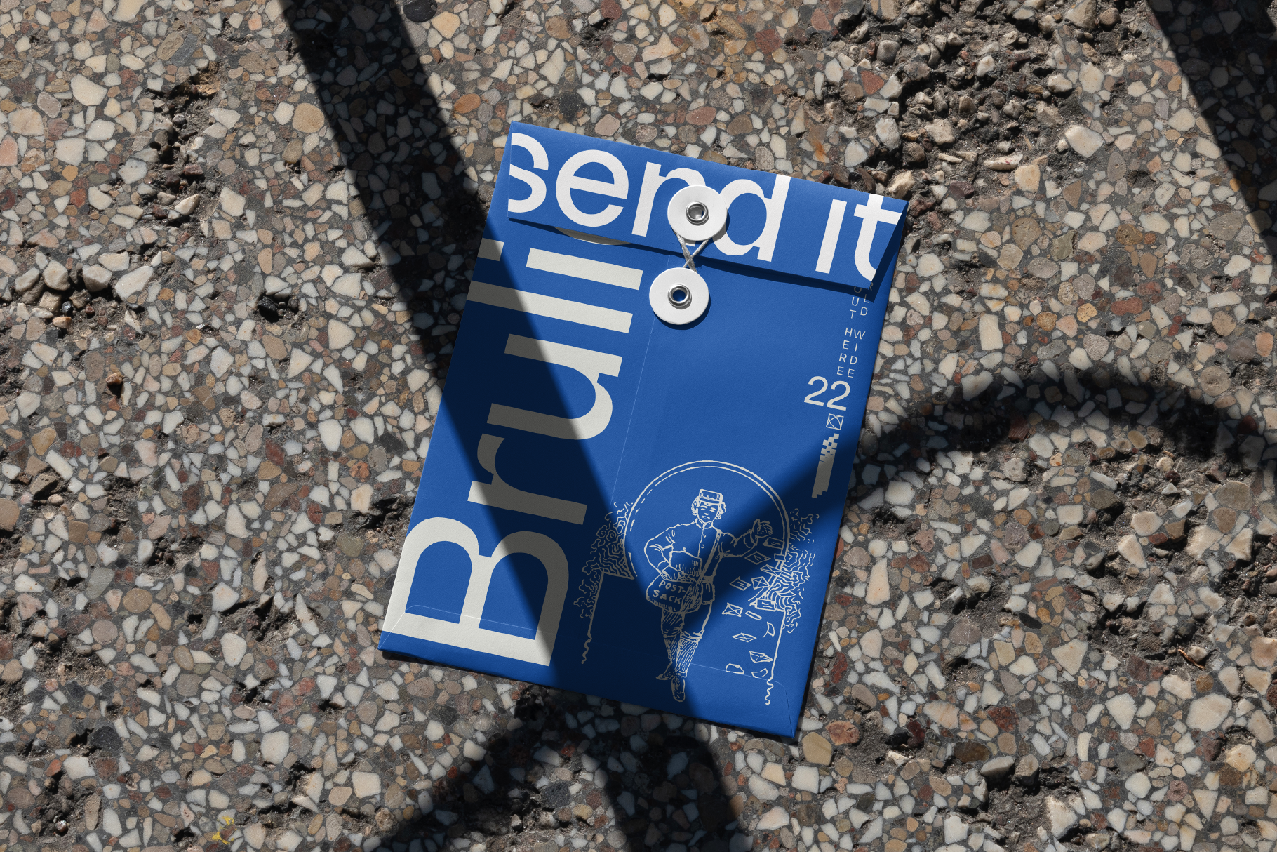 Blue envelope mockup on terrazzo background featuring bold typography and vintage postal graphics ideal for designers seeking unique stationery templates