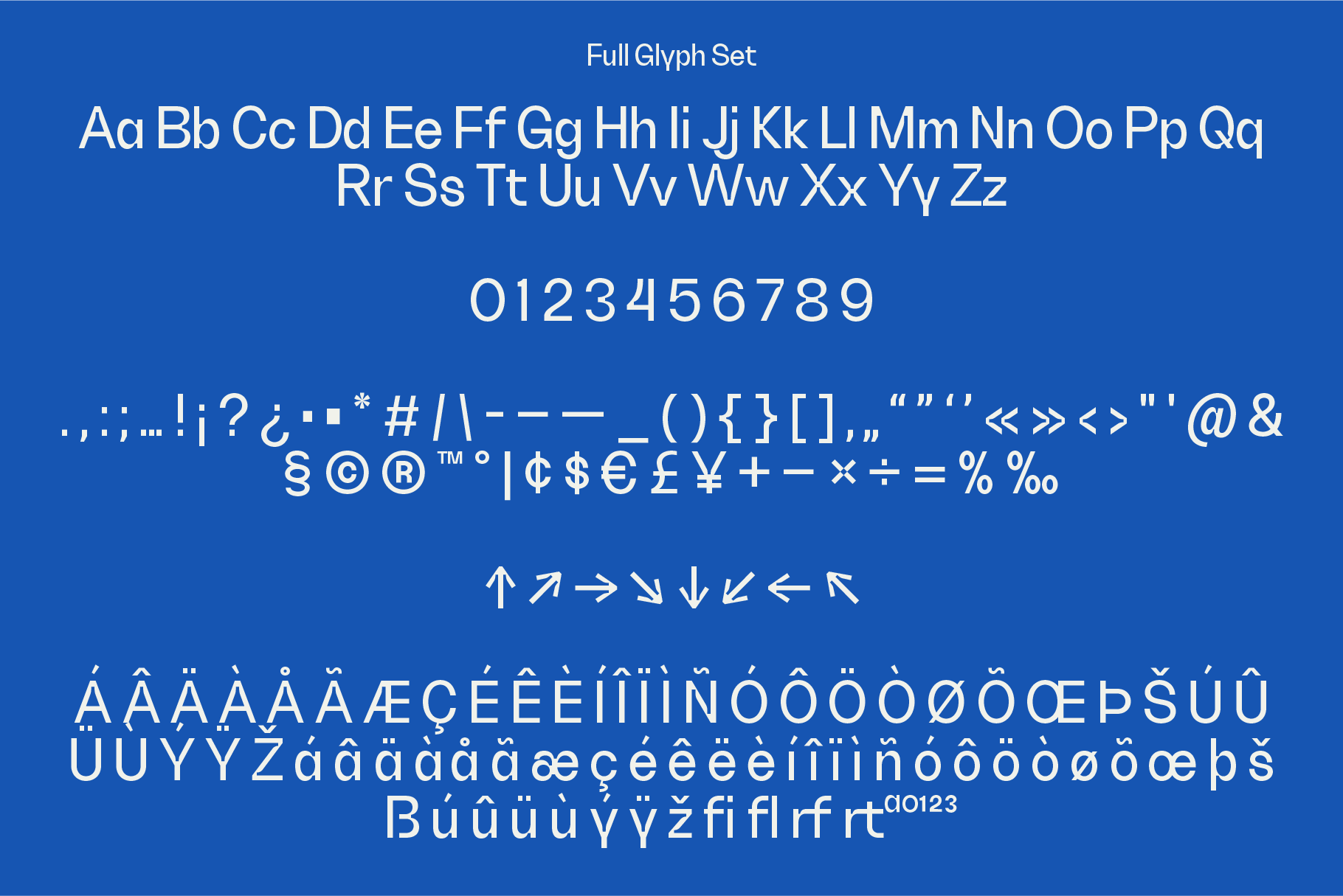 Complete character set showing uppercase, numbers, symbols, accents on blue background