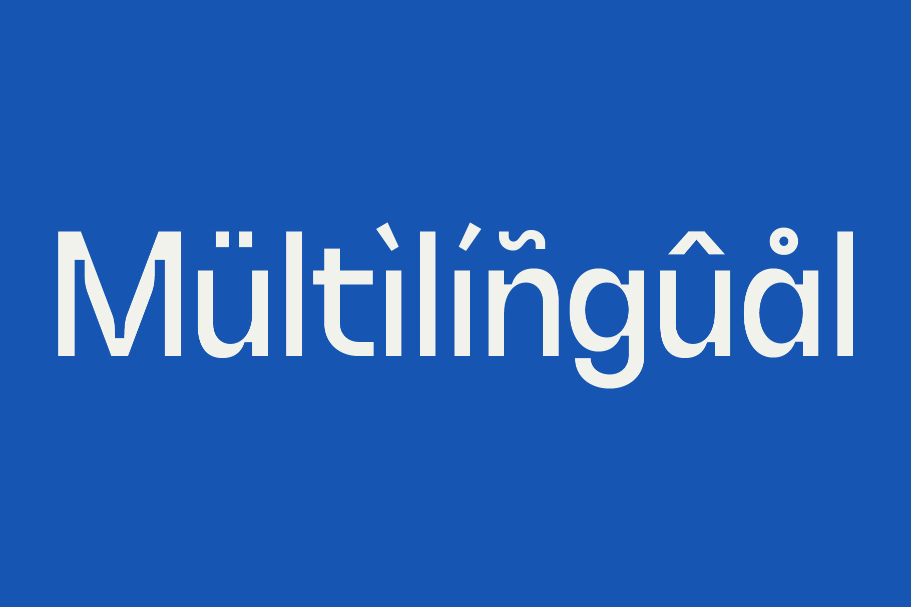 Multilingual text in white letters on bright blue background