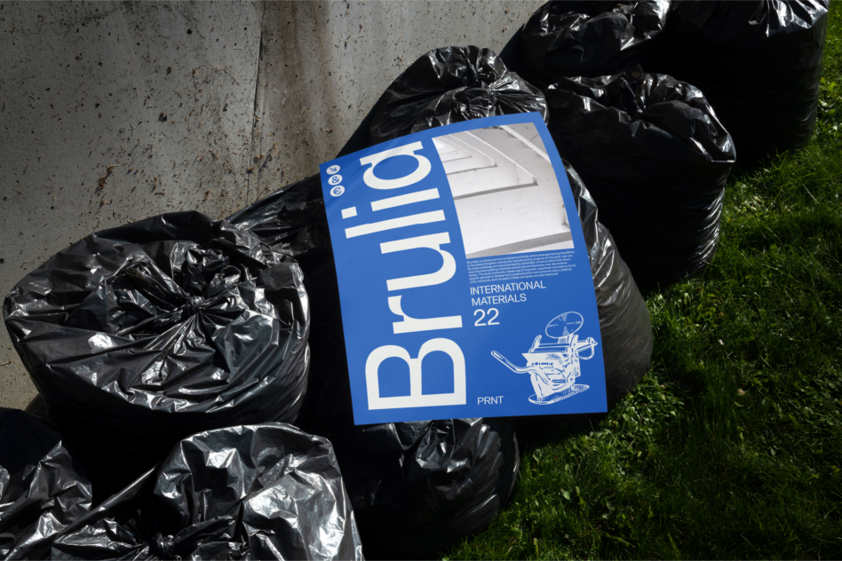Blue Brulid poster mockup on black garbage bags beside a concrete wall; perfect for urban-themed design presentations. Keywords: mockup poster design.
