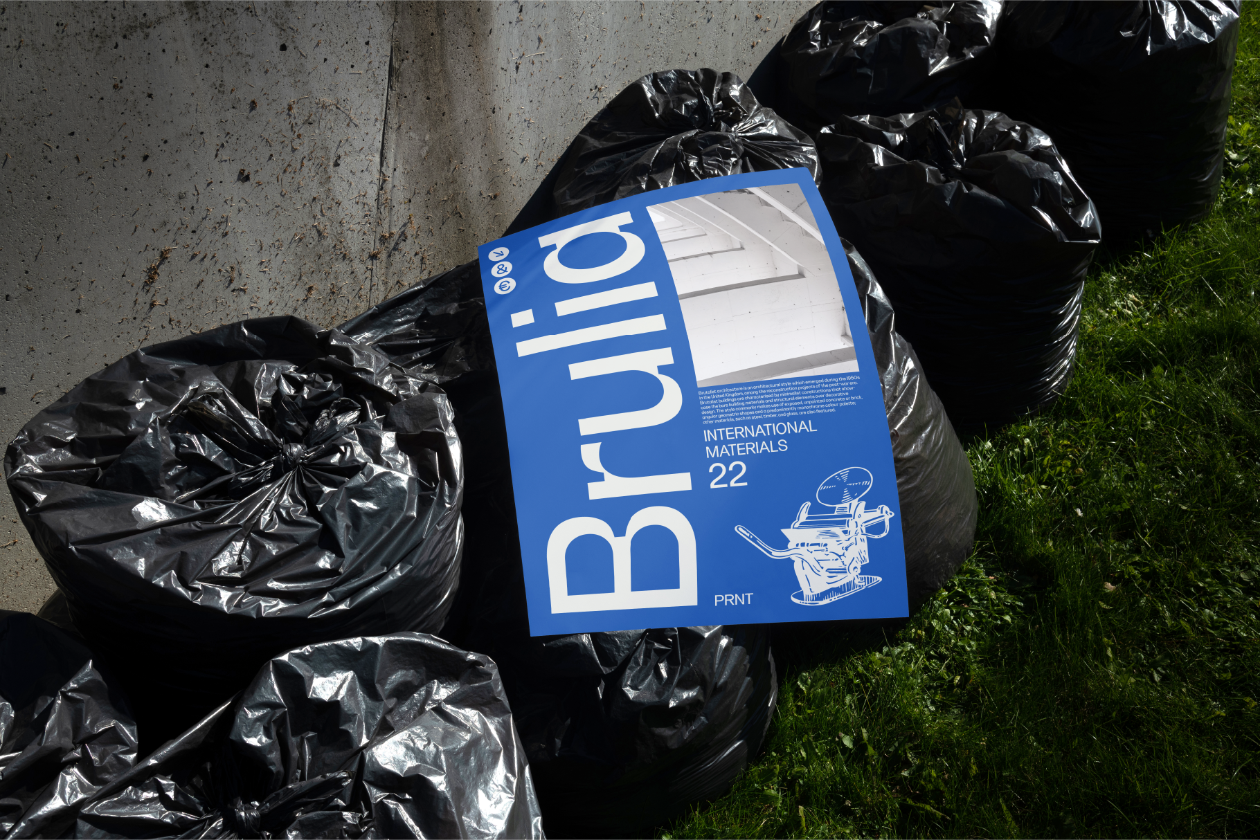 Blue Brulid poster mockup on black garbage bags beside a concrete wall; perfect for urban-themed design presentations. Keywords: mockup poster design.