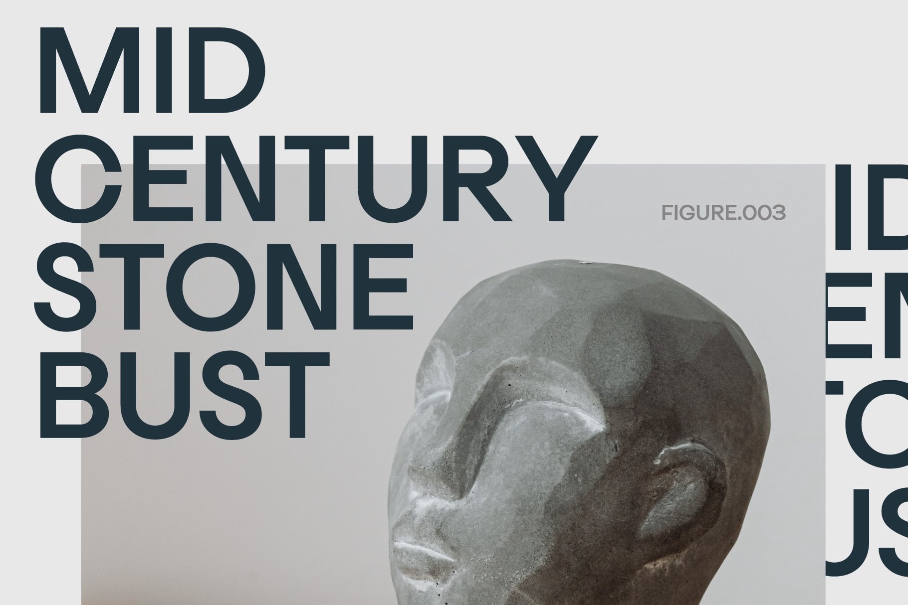 Stone bust sculpture with overlaid Mid-Century Stone Bust typography layout design