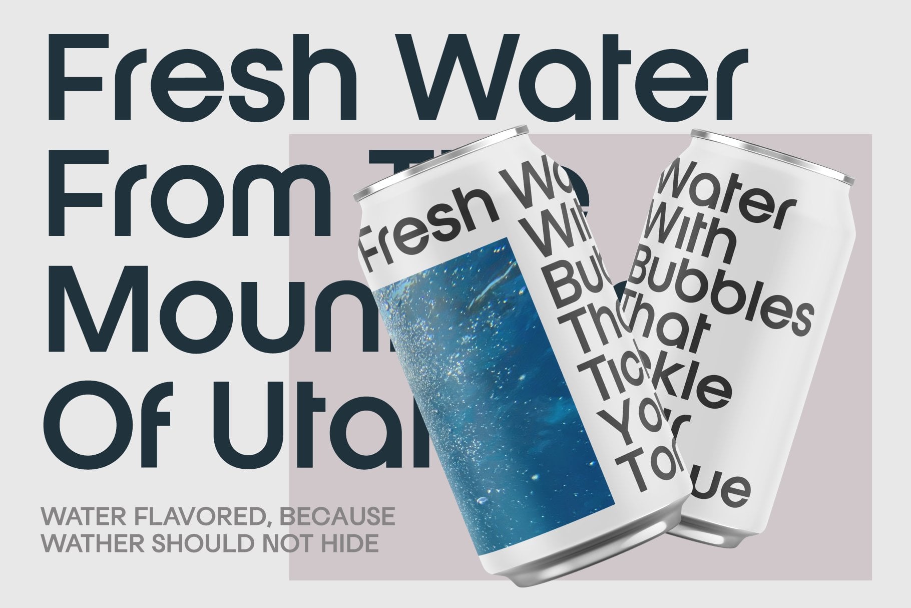 Water bottle mockup with blue liquid inside, white text overlay about flavored water