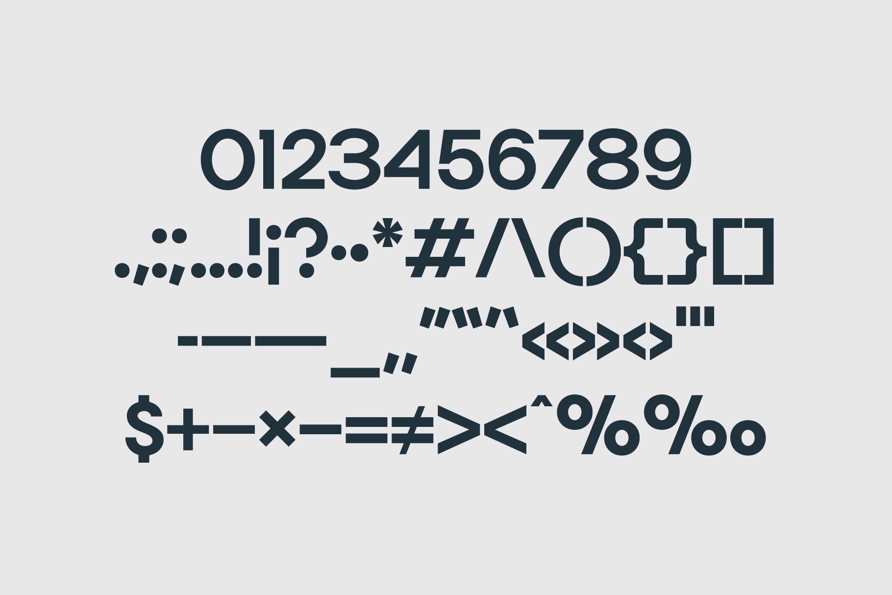 Sans-serif font specimen showing numbers, punctuation marks, symbols in bold dark blue