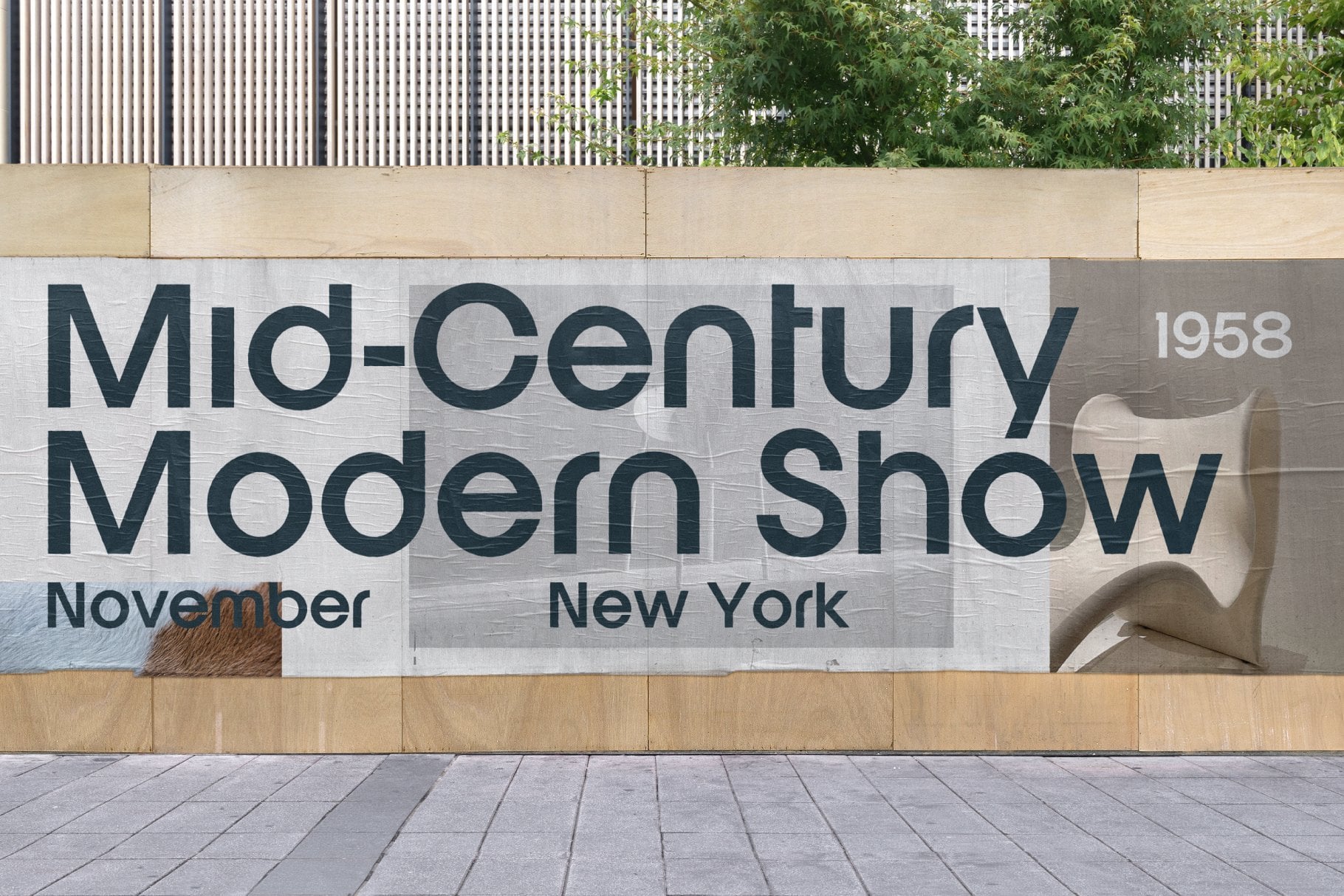 Street mural showing Mid-Century Modern Show 1958 New York with sculptural bust element