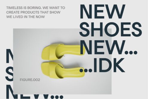 Bright yellow slip-on shoes with soft rounded shapes overlaid with bold typography