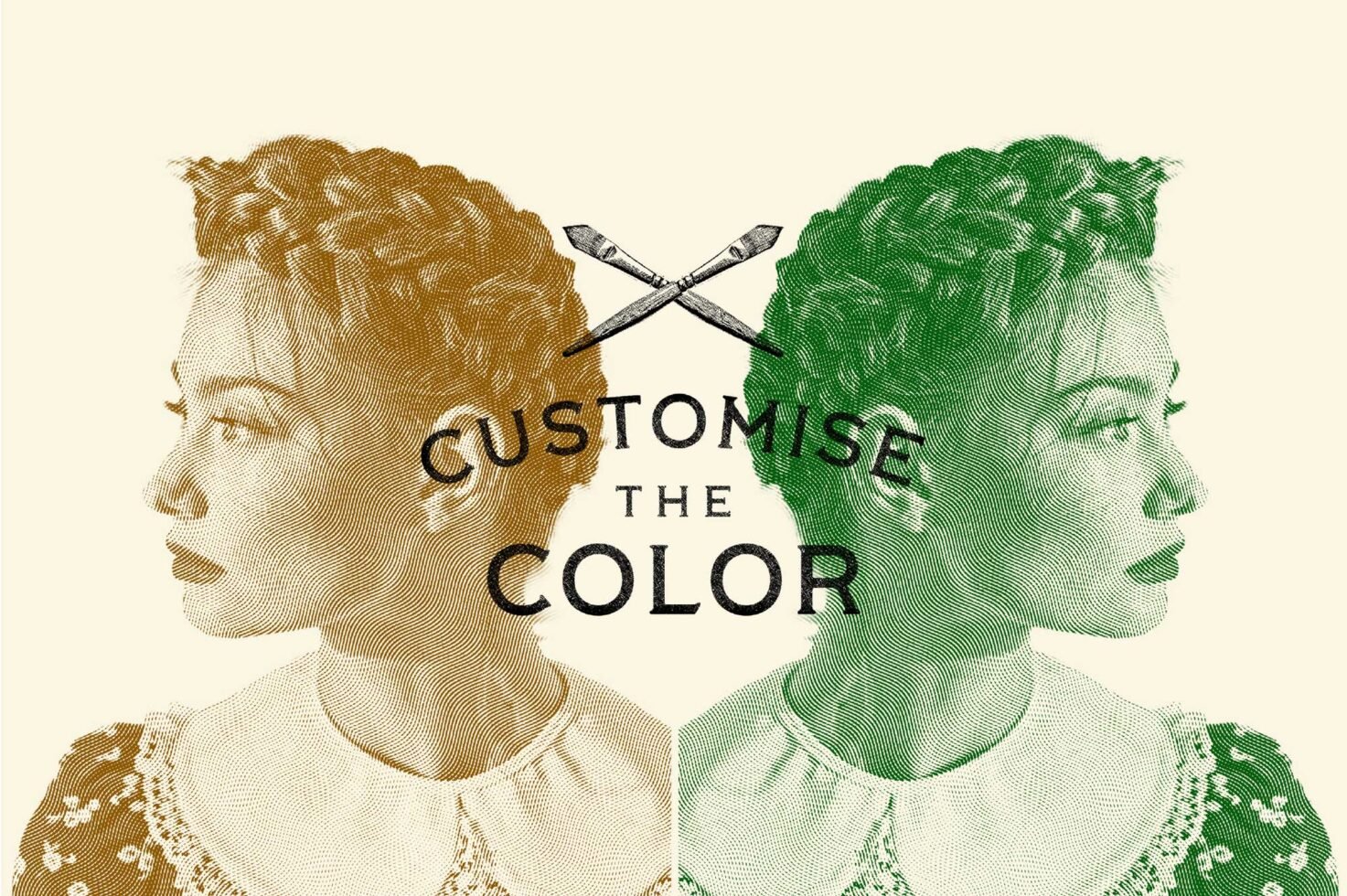 Vintage halftone illustration featuring a woman's profile in customizable green and brown colors. Perfect for graphic designers needing unique templates.