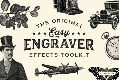 Vintage engraving effects toolkit featuring classic elements like a camera, car, and clock. Ideal for graphic designers seeking retro illustration resources.