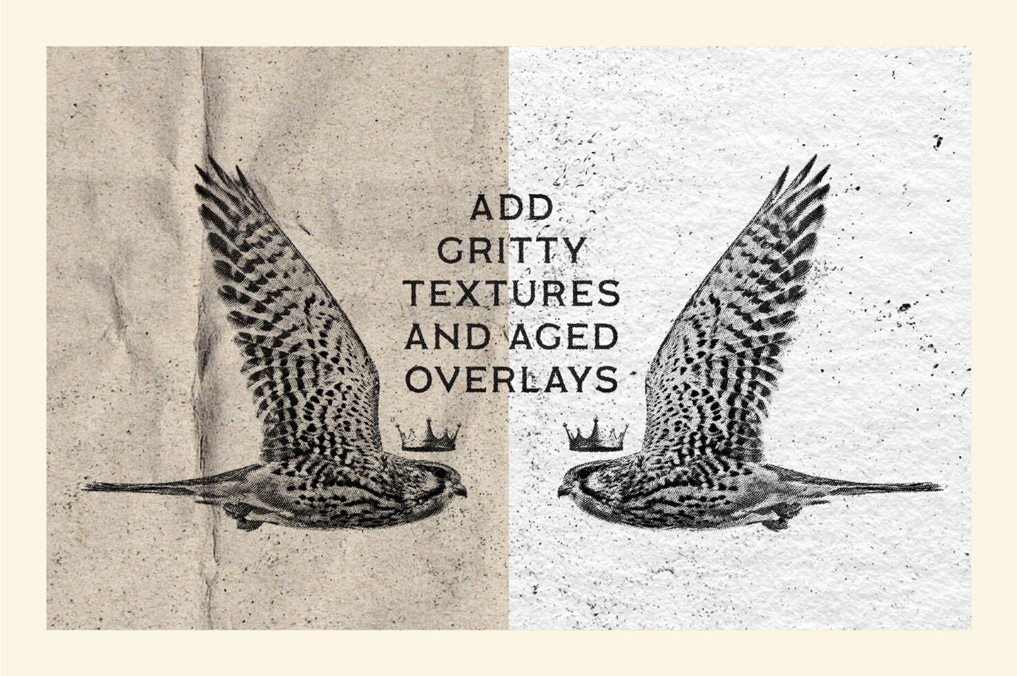 Vintage bird illustration with gritty textures and aged overlays on paper. Ideal for graphic design projects, templates, and rustic mockups. Keywords: textures, overlays.