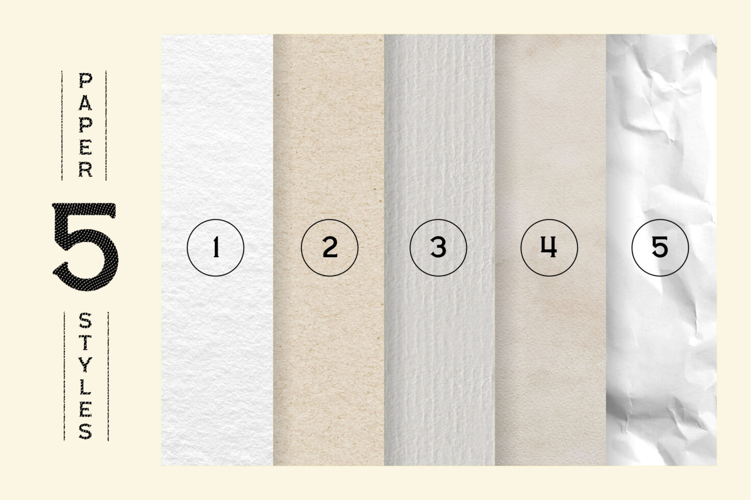 Five paper textures with varying colors and surfaces arranged vertically. Ideal for mockups, graphic design, template backgrounds, and creative projects.