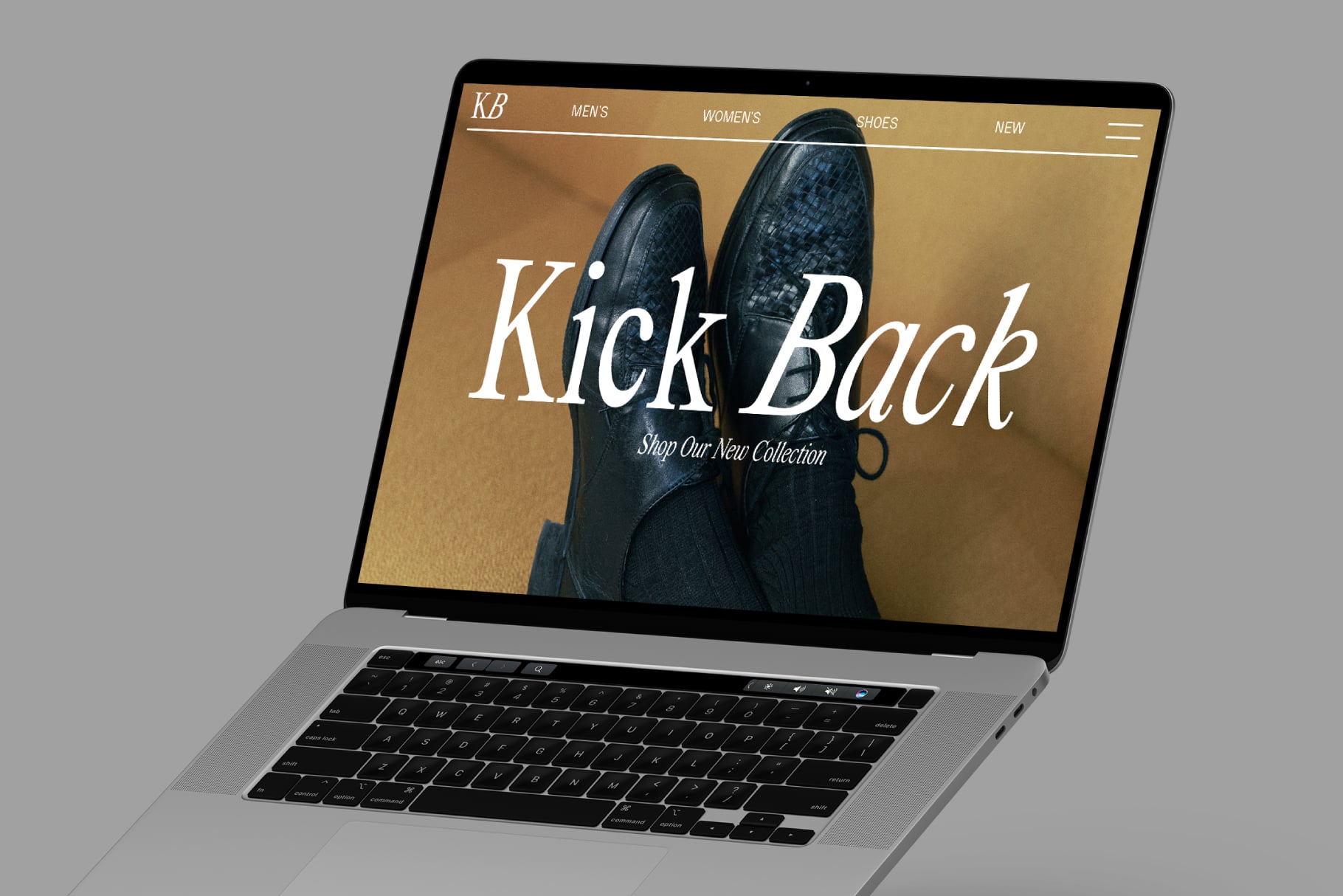 Laptop screen displaying shoe brand website with Kick Back headline over footwear