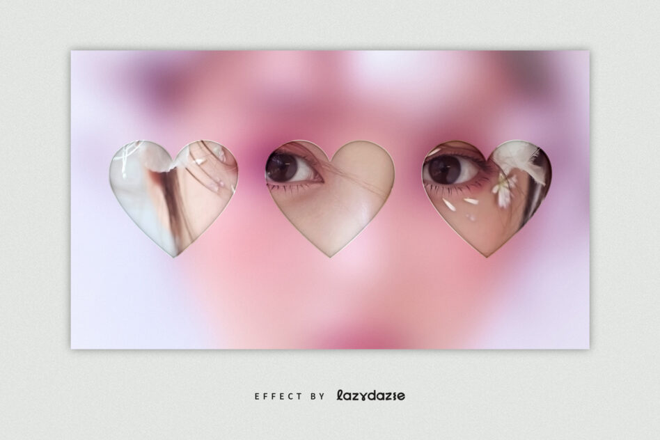 Three heart cutouts revealing beauty details on soft pink dreamy background