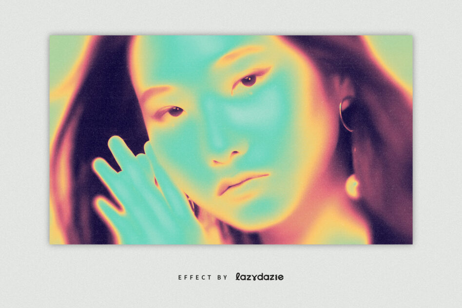 Vibrant neon glow effect on close up portrait with warm color split