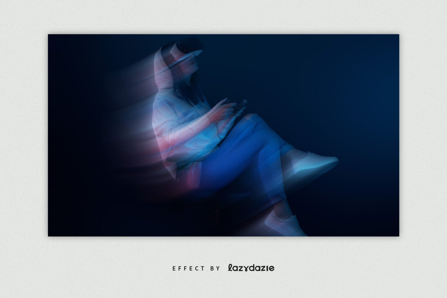 VR motion blur effect for design projects features person in hoodie with VR headset and controller in blue and pink lighting suitable for digital graphics.