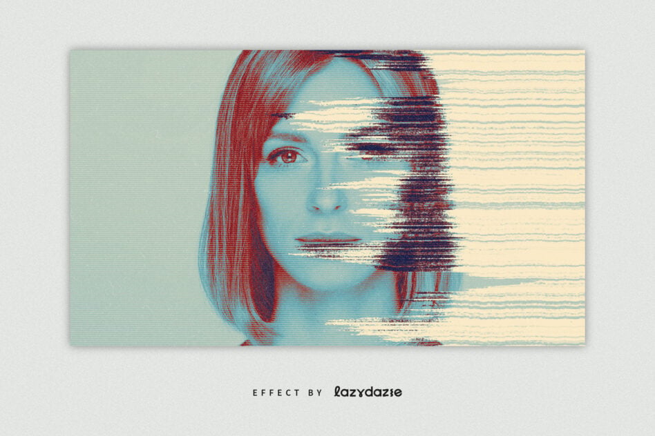 Female face with red hair dissolving into horizontal scan line distortion on right side