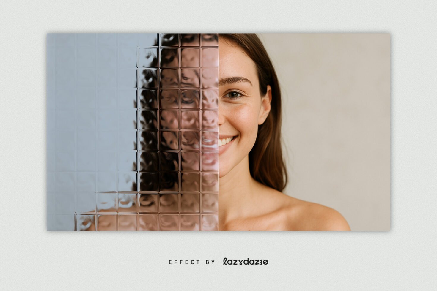 Photo effect of a smiling woman half distorted by a glass texture; ideal for design mockups, showcasing photomanipulation, creative assets for designers.