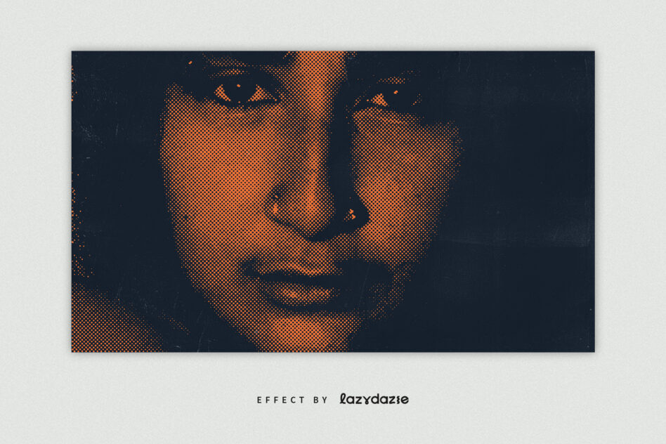 Two pixelated orange halftone faces on dark background with noise