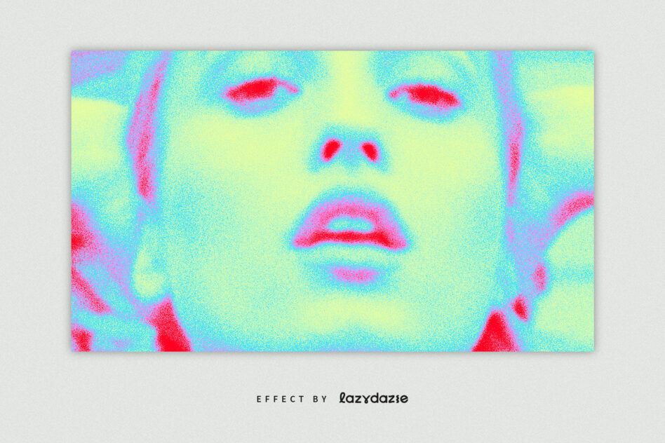 Face with neon pink cyan yellow grainy noise effect on pale skin