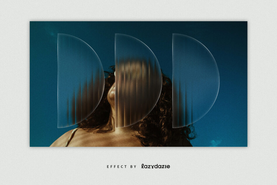 Woman from behind with three frosted glass panes creating striped effect on teal backdrop