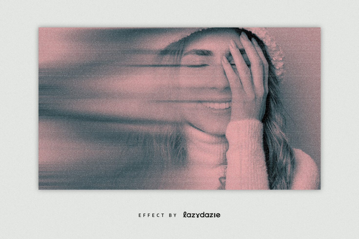 Vintage photo effect showcasing a woman in knitwear with a serene smile and hand on face. Grainy texture adds a nostalgic touch. Ideal for graphic design.