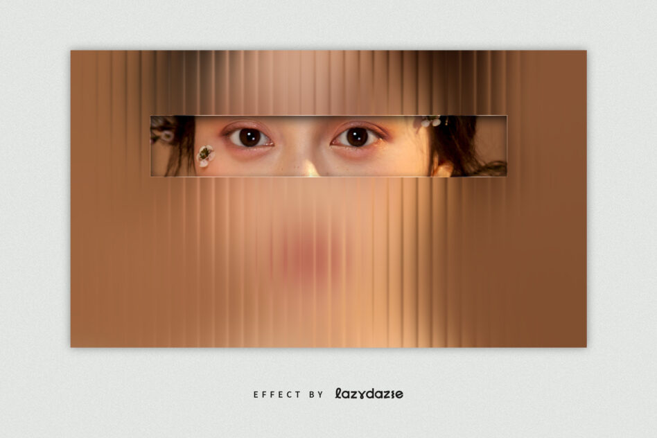 Person's eyes peeking through horizontal slot on warm tan gradient blurred backdrop