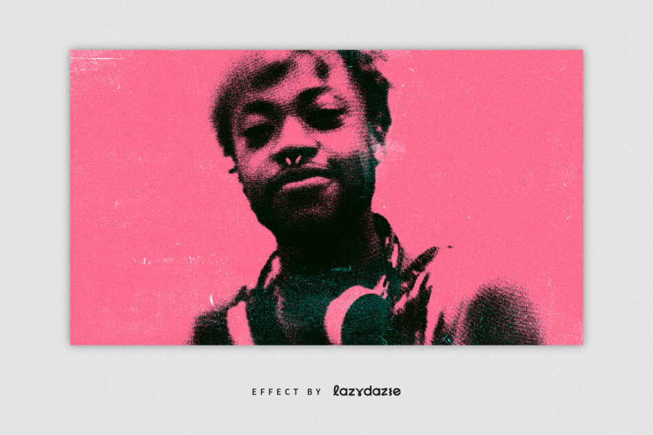 Retro poster template with a halftone effect featuring a person wearing headphones against a vibrant pink background digital art for designers