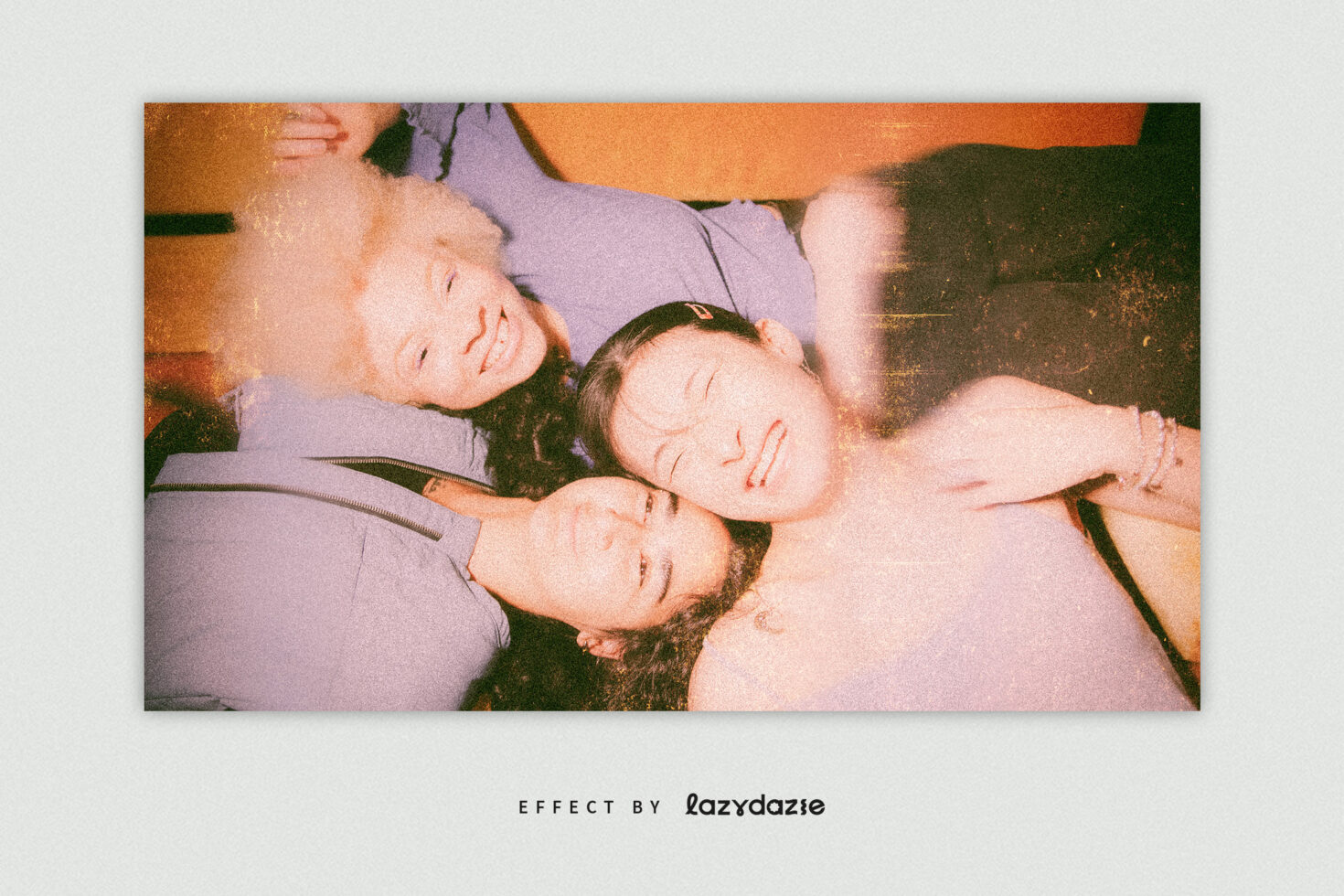 Three friends lying down smiling Vintage effect LazyDazie overlay Casual mood Digital graphics Ideal for designers Creative assets Photoshoot inspiration