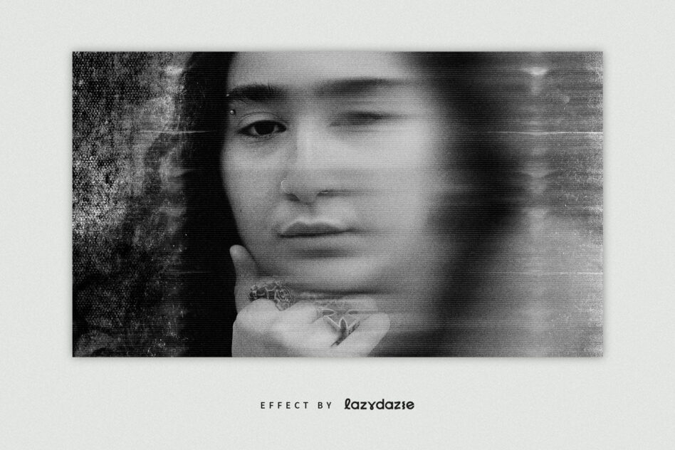 Black grainy portrait with VHS scan lines, woman face tilted contemplative expression blur