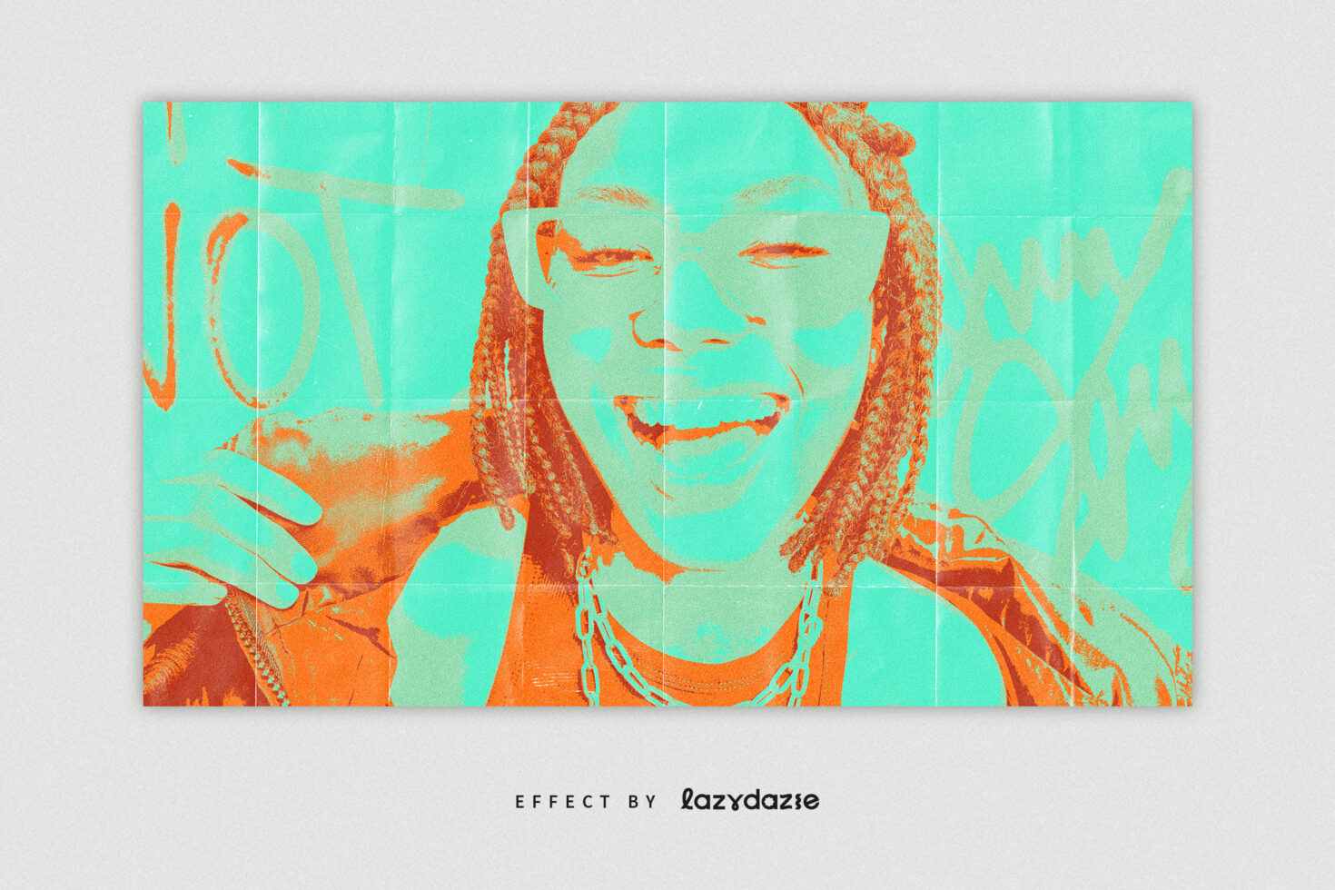 Vibrant digital poster effect depicting a smiling person. Cyan and orange color scheme. Ideal for graphics, templates, or mockup design projects.