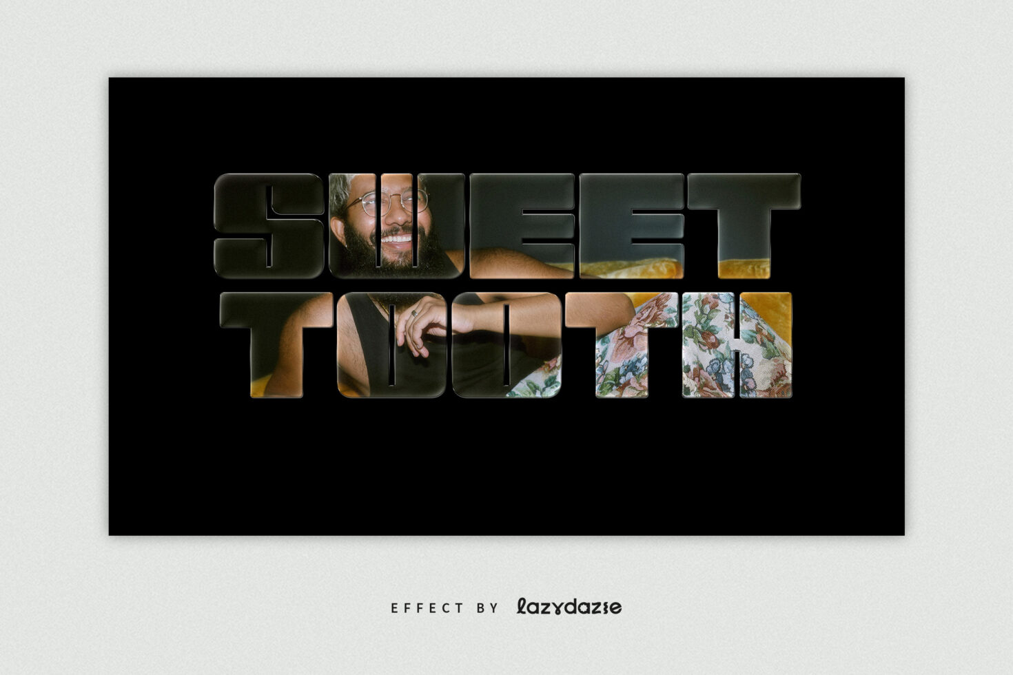 Graphic template with bold text effect reading Sweet Tooth showcasing a bearded man smiling. Ideal for designers. Vibrant and creative typography design.