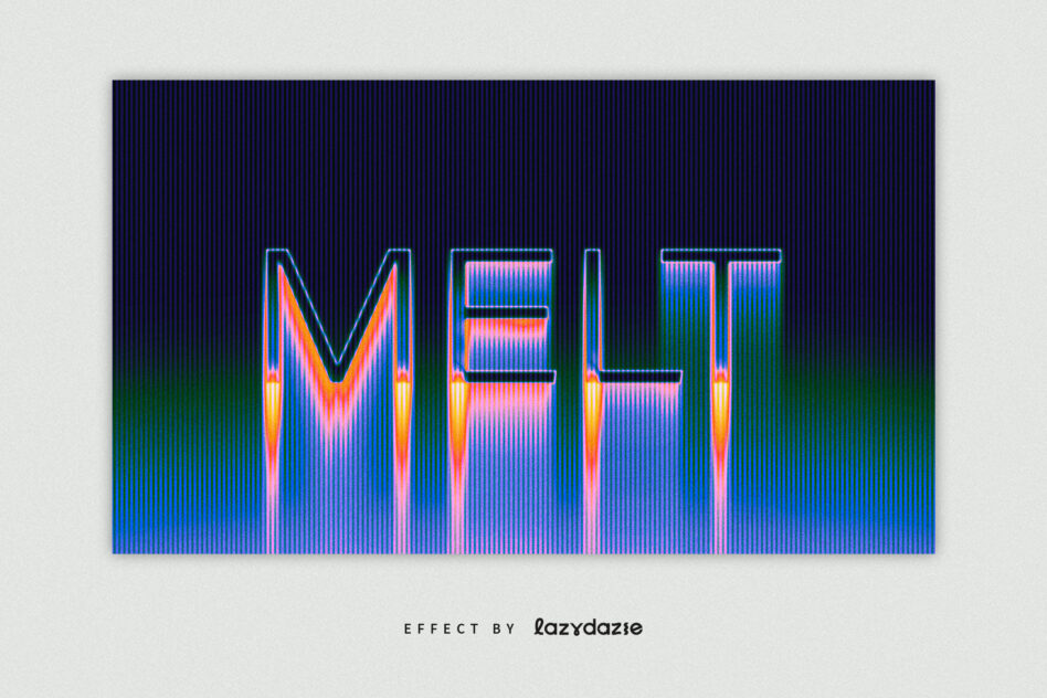 Vertical scan lines with gradient text in cyan, pink, yellow on dark blue background