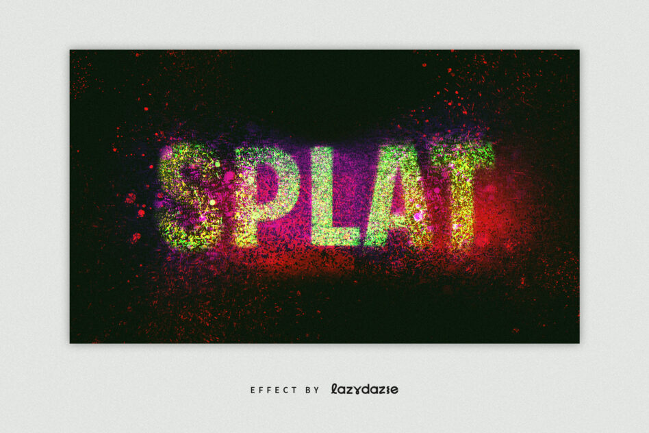 Neon glitch text effect with green, yellow, pink particles scattered on dark background