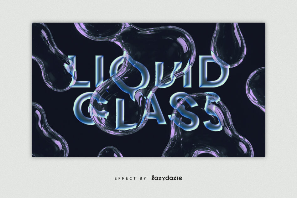 Liquid glass text with cyan glow surrounded by translucent purple liquid shapes on dark backdrop