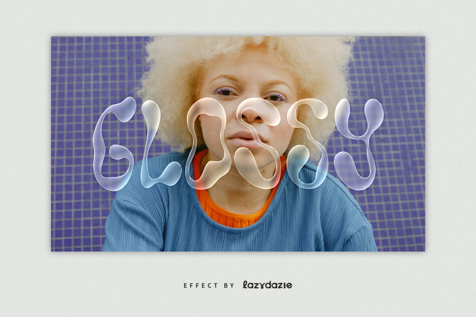 Kid's face with wavy liquid text overlay on purple checkered background