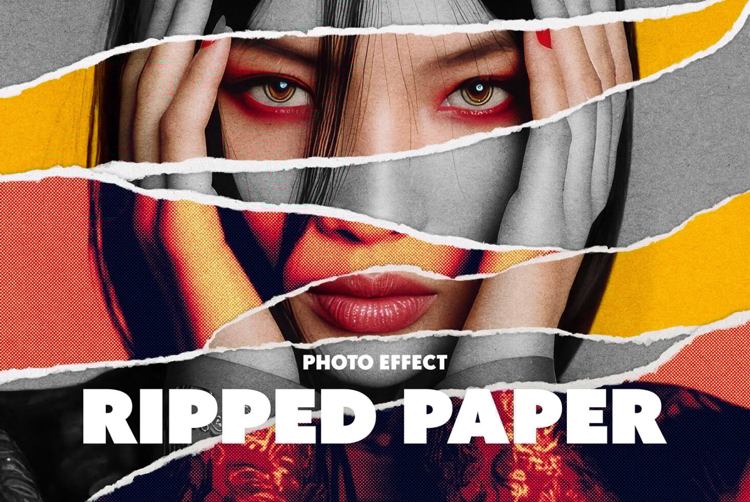 Ripped paper photo effect with torn edges revealing a model's colorful portrait. Ideal for graphic designers seeking unique mockup templates and photo effects.