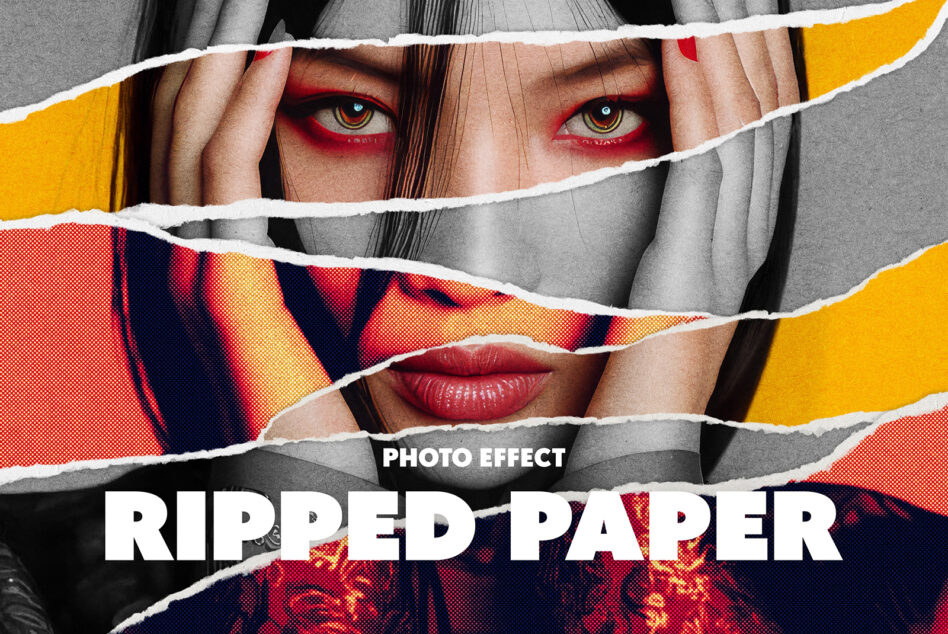 Torn paper collage effect revealing portrait with red eyeshadow, yellow neon, retro halftone texture