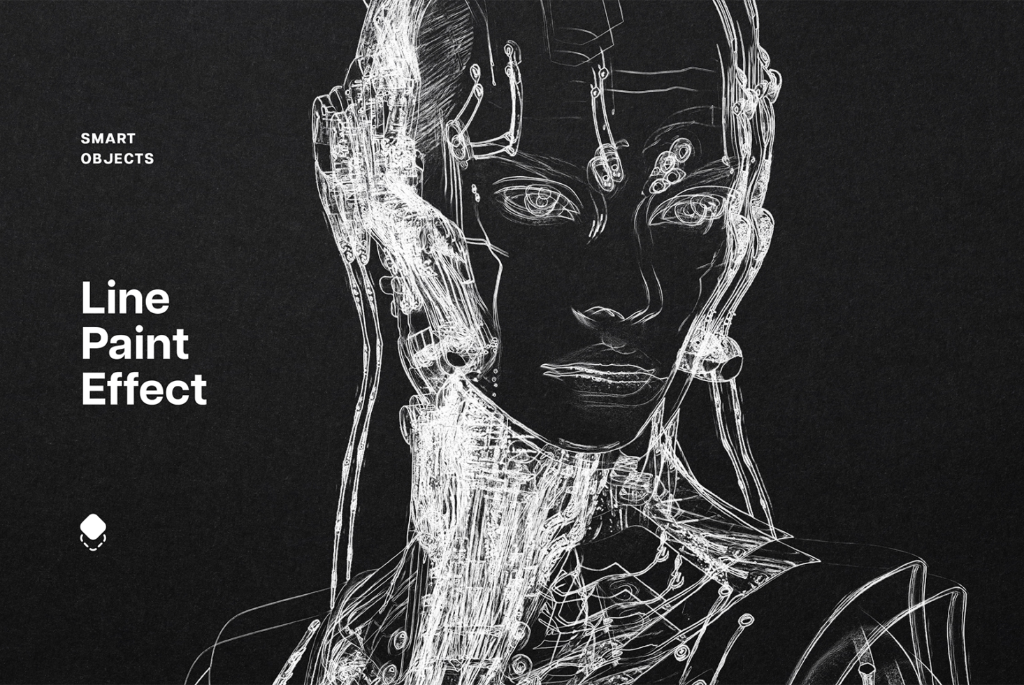 Abstract white line illustration of a humanoid figure on a black background. Perfect for graphics or mockups designers. Line paint effect technique.