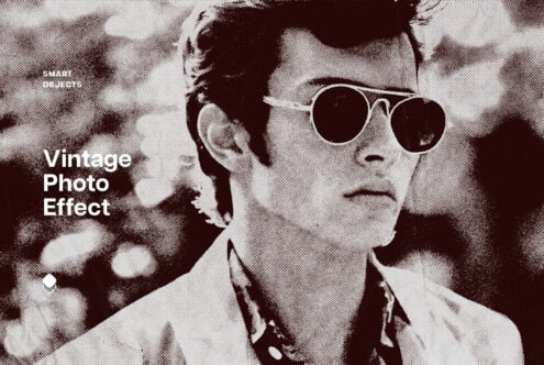 Grainy vintage photo of person wearing round sunglasses with halftone grain overlay effect
