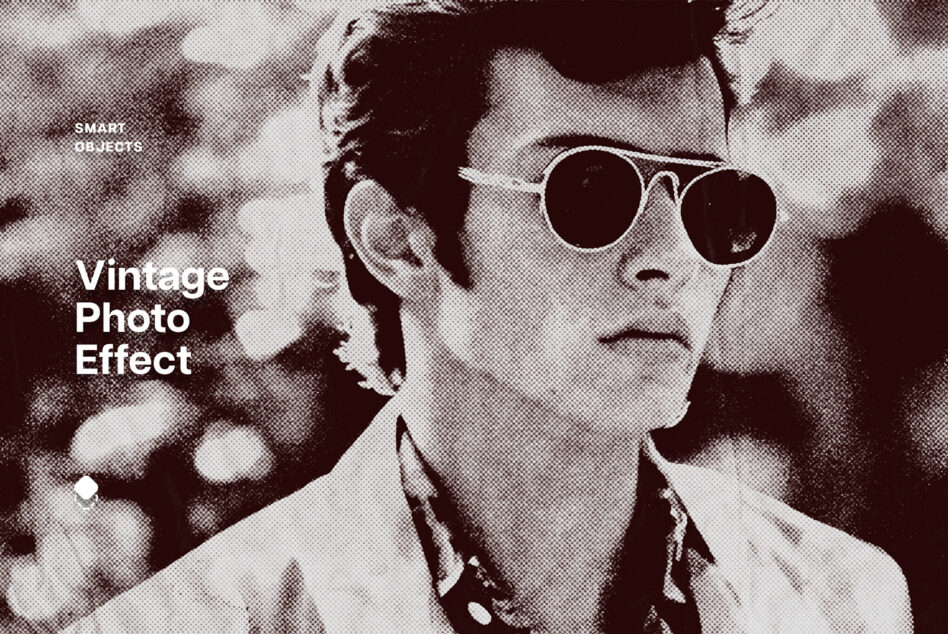 Grainy vintage photo of person wearing round sunglasses with halftone grain overlay effect