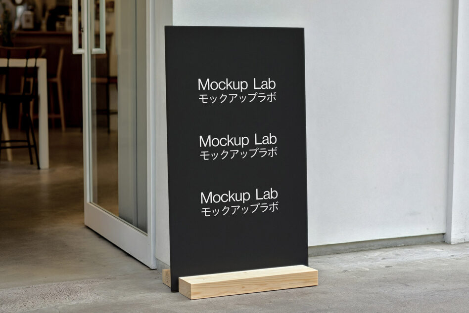 Black vertical sidewalk sign with white repeated Mockup Lab text on wooden base