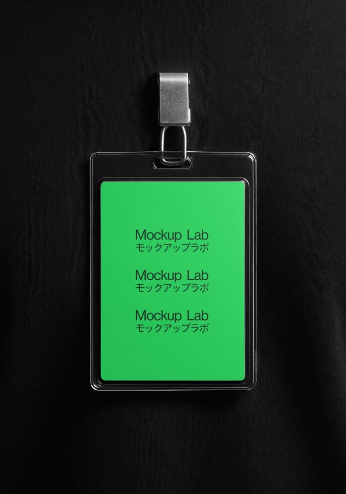 ID badge mockup featuring a green card with text on a black background. Ideal for designers seeking identity card graphics mockup templates.
