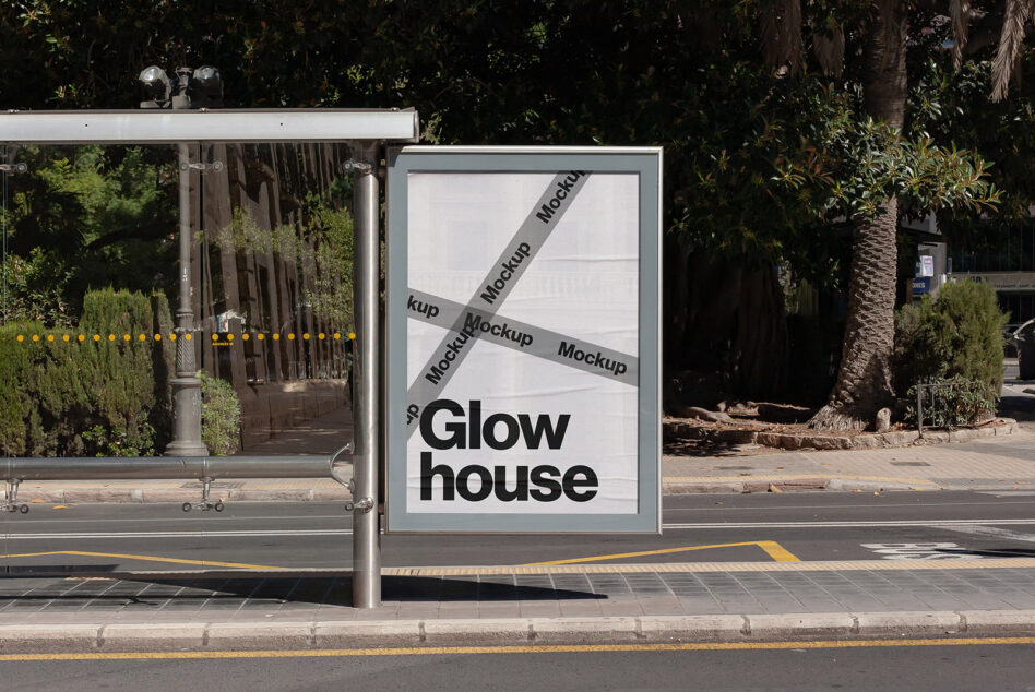 Modern bus shelter poster displaying Glow house in clean sans serif