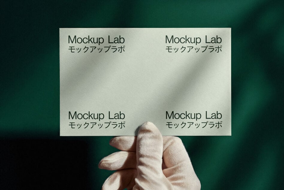 Hand holding landscape card mockup with four-section design on teal