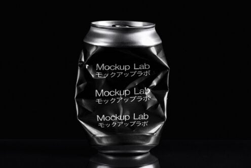 Dented metal can mockup with Japanese text on black background, ideal for designers creating beverage packaging concepts, high contrast, realistic.