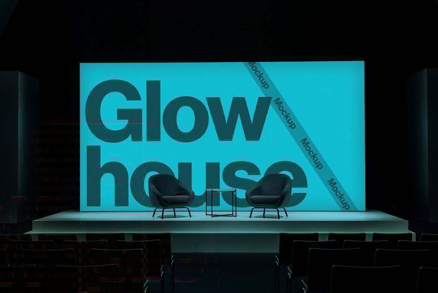 Modern stage mockup with two chairs and a bold text backdrop perfect for event presentation templates and designer assets ideal for creatives.
